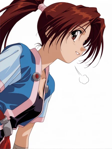 masterpiece,best quality,newest,
1girl,solo,
<lora:sakura_ilxl_v1.0>,sakura,high ponytail,brown hair,brown eyes,
s_clothes,short_sleeves,open clothes,belt,ribbon,black short culottes,
<lora:Fixhands_anime_bdsqlsz_V1:1>,upper_body,sideways_glance,looking_at_viewer,white_background,simple_background,profile,puff of air,smile,parted lips,1990s \(style\),
