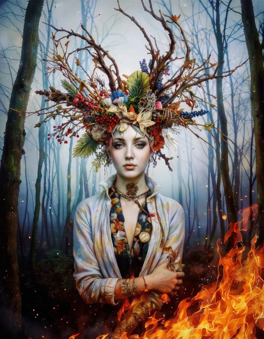 Art by Mario Nevado. This is a high-quality digital painting with a surreal, fantasy theme. The central figure is a woman portrait, wearing an intricate headdress made of twisted branches, flowers, and red berries. Her skin is pale, and her expression is serene, almost ethereal. She stands in a misty forest with tall, bare trees in the background. Warm, orange flames illuminate the scene from the bottom right, casting a dramatic light and creating a sense of warmth and danger. The background is slightly blurred, drawing focus to the woman face and the flames. The composition uses leading lines and rule of thirds to draw the eye to the central figure. The lighting appears to be a mix of natural and artificial sources, with the flames providing a strong, focal light source. The overall aesthetic quality is very high, with detailed textures and rich, vibrant colors enhancing the dreamlike atmosphere.