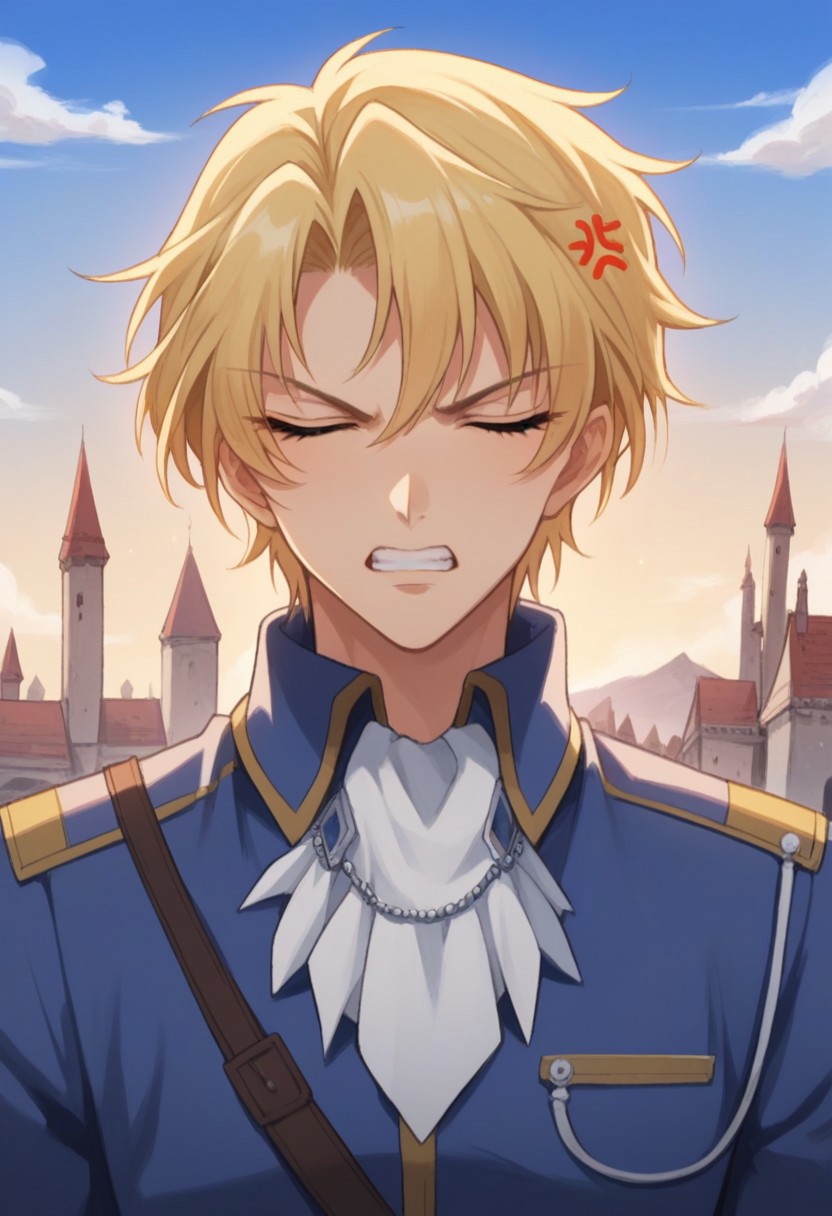 score_9, score_8_up, score_7_up, source_anime, highly detailed, 
wolfram, 1boy, solo, male focus blonde hair, uniform, closed eyes, military, 
military uniform, ascot, looking at viewer, slender, skinny, 
androgynous, teeth, anger vein, parody,
outdoor, medieval, castle, sky,