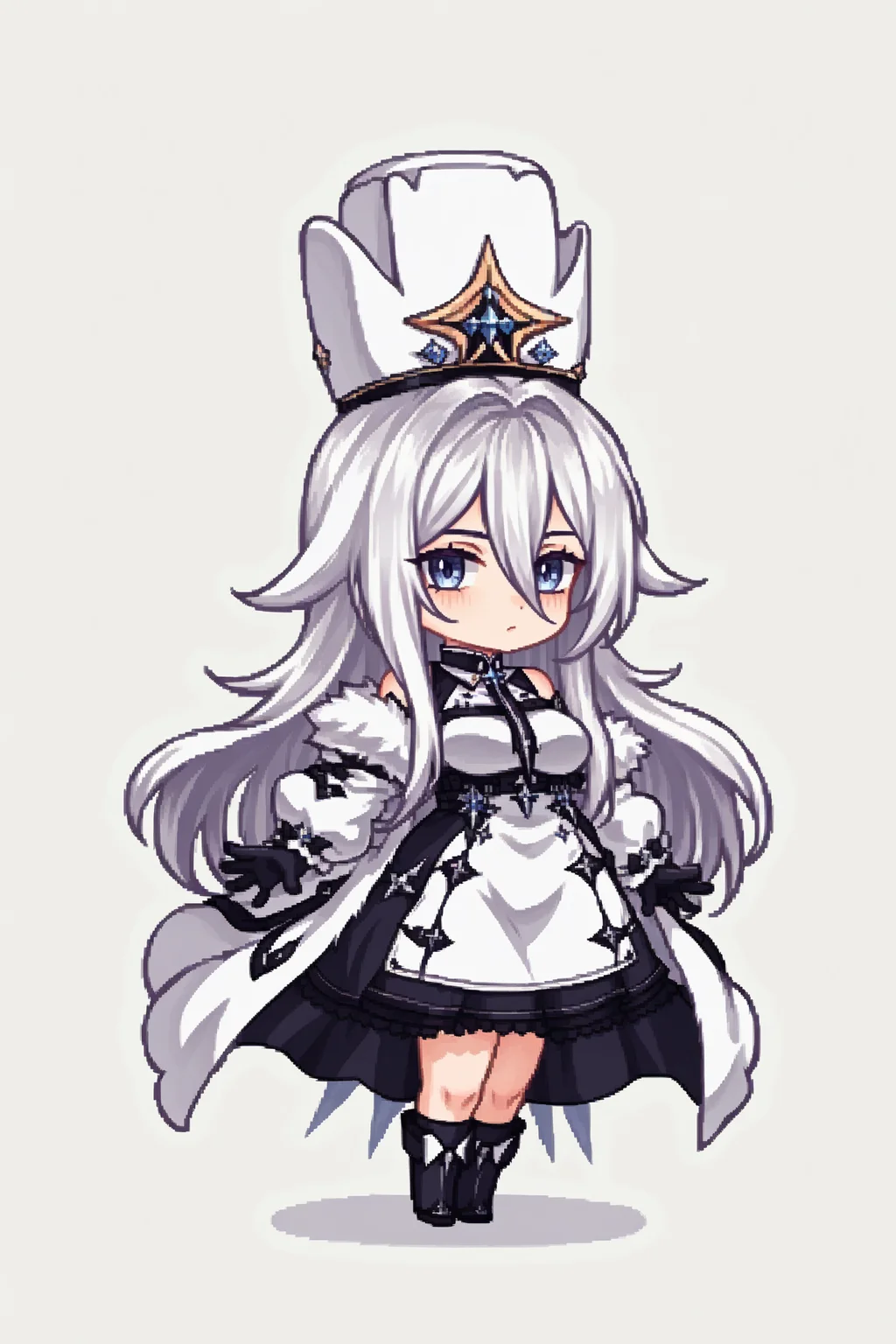 score_9, score_8_up, score_7_up, , rating_sensitive,nsfw,1girl ,svysd, fur hat, necktie, fur-trimmed coat, military dress, long sleeves, black gloves, black socks, high heel boots, cowboy shot, source_anime, <lora:SovetskySoyuzPDCAME AK:1>, abstract, <lora:GBFPixelPDCAME Style:1>, pixel art, 2d, full portrait, simple background, white background, chibi