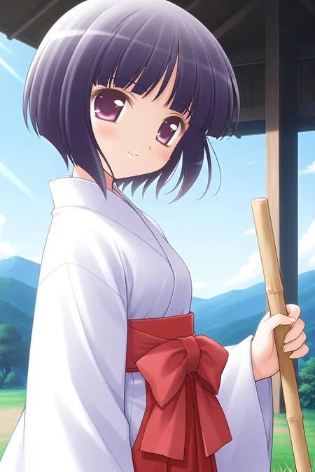 masterpiece, best quality, absurdres, official art, official style, general BREAK <lora:arisakashiina_IL_v1-2:0.7>, arisaka shiina, 1girl, solo, purple eyes, black hair, purple hair, short hair, bob cut, blunt bangs, flat chest BREAK miko, white kimono, long sleeves, wide sleeves, waist bow, red bow, red sash, obi, red hakama, hakama skirt, blush, smile, bamboo broom, holding broom, hands up, upper body, profile, close-up, day, afterglow, sunlight, outdoors, grass, blue sky, looking at viewer, looking back