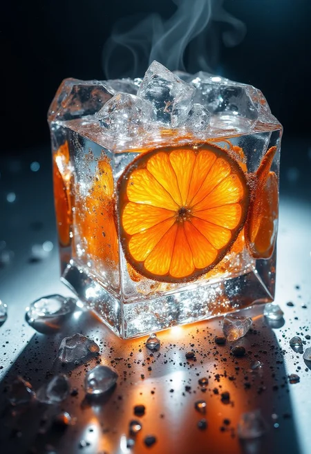 3D render, realistic, shining orange slice inside faceted ice cube, shadow, surreal dreams, close-up visions, bright ornament, haze, three-dimensional transparent object, glitter, reflection, depth, colorful, vivid colors, chiaroscuro lighting, from a shiny glossy magazine, sophistication, bo-exposure