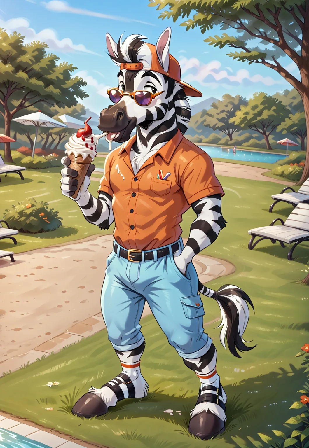 furry anthro zebra, bwu, ((Thurston)), (anthro zebra male), 1boy, solo, full body, outdoors, park, summer, smiling, eating ice cream, wearing summer outfit, sunglasses, ((baseball cap)), looking to viewer, nice furry feet, horse like feet, toeless footwear