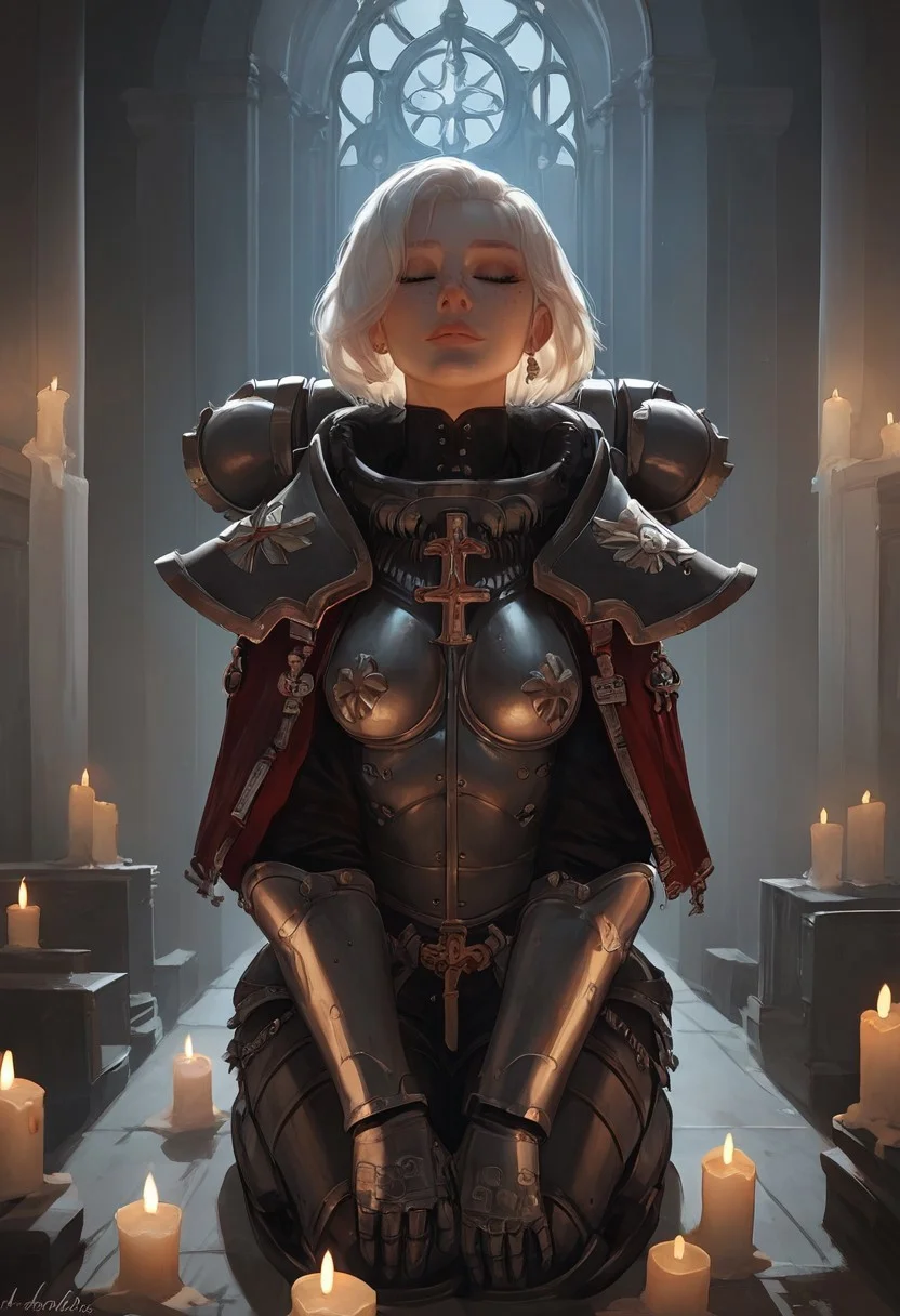 masterpiece, best quality, highly detailed, score_9, score_8_up, score_7_up, score_6_up, Expressiveh,1girl, Sororitas, s0r0r1t@s, white hair, short hair, bob haircut, bangs, makeup, freckles, sororitas, sister of battle, armor, shoulder armor, pauldrons, power armor, toned, natural breasts, kneeling, praying, eyes closed, moonlight, soft smile, beautiful background, cathedral, church, candlelight, night, moonlight, beautiful lighting, dramatic lighting,