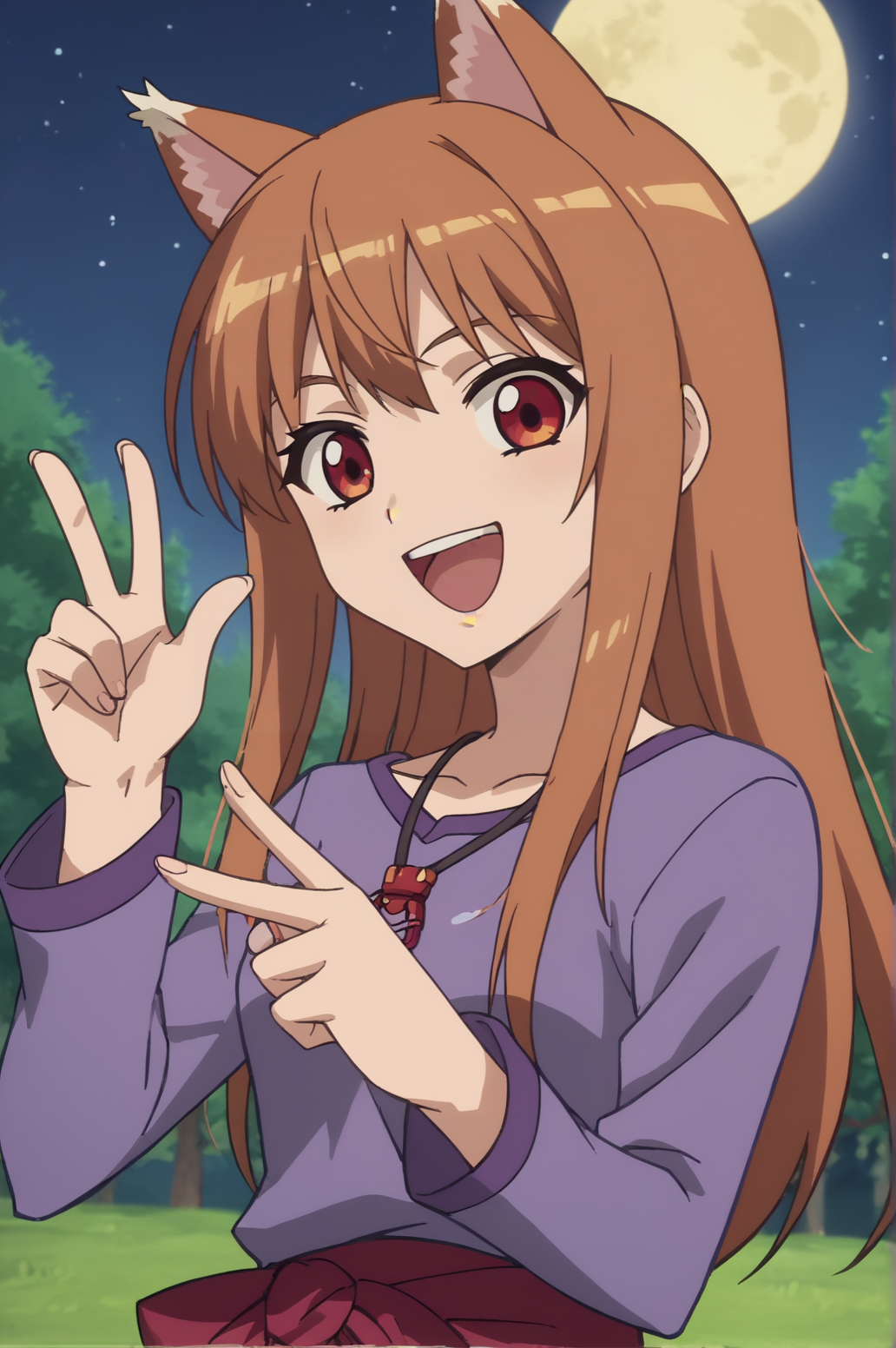 score_9, score_8_up, score_7_up,anime_source, source_anime, best background, detailed background, anime screencap  Holo, Main Outfit, solo, victory fingers, happy, :D, v fingers, happy, outdoors, night, moon,   <lora:JN_Holo:0.8>
