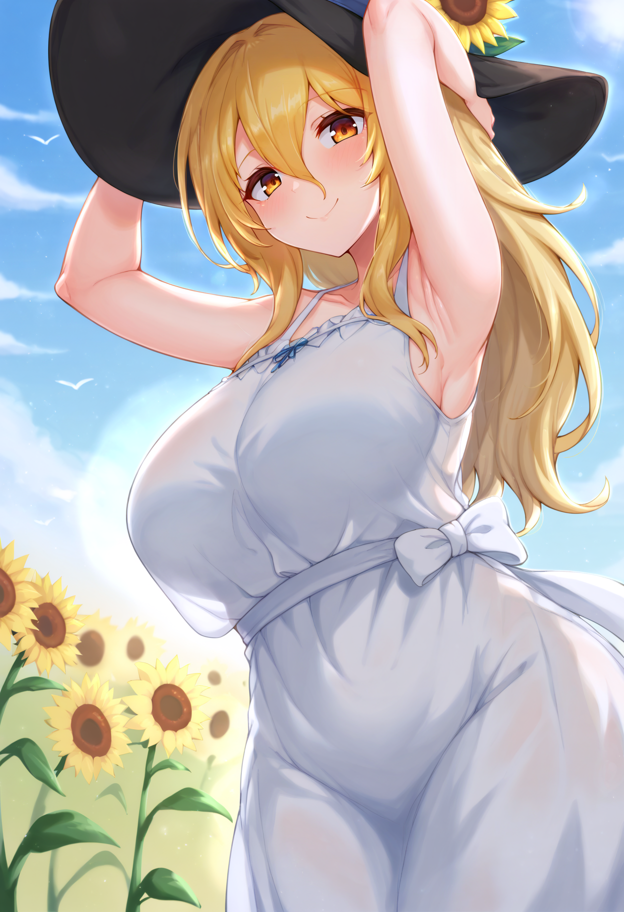 score_9, score_8_up, score_7_up, score_6_up, score_5_up, score_4_up,
simple background, gradient background,
refraction, caustics, rim lights, backlighting, bloom,
BREAK
source_anime, day, outdoors, sky, flower field, sunflower, sunflower field, sunset,
BREAK
1girl, sundress, sunhat, blonde hair, large breasts, see-through silhouette, happy, hair between eyes,
arms up, armpits, light smile,
 <lora:CreamCod-v2-PDXL:1>