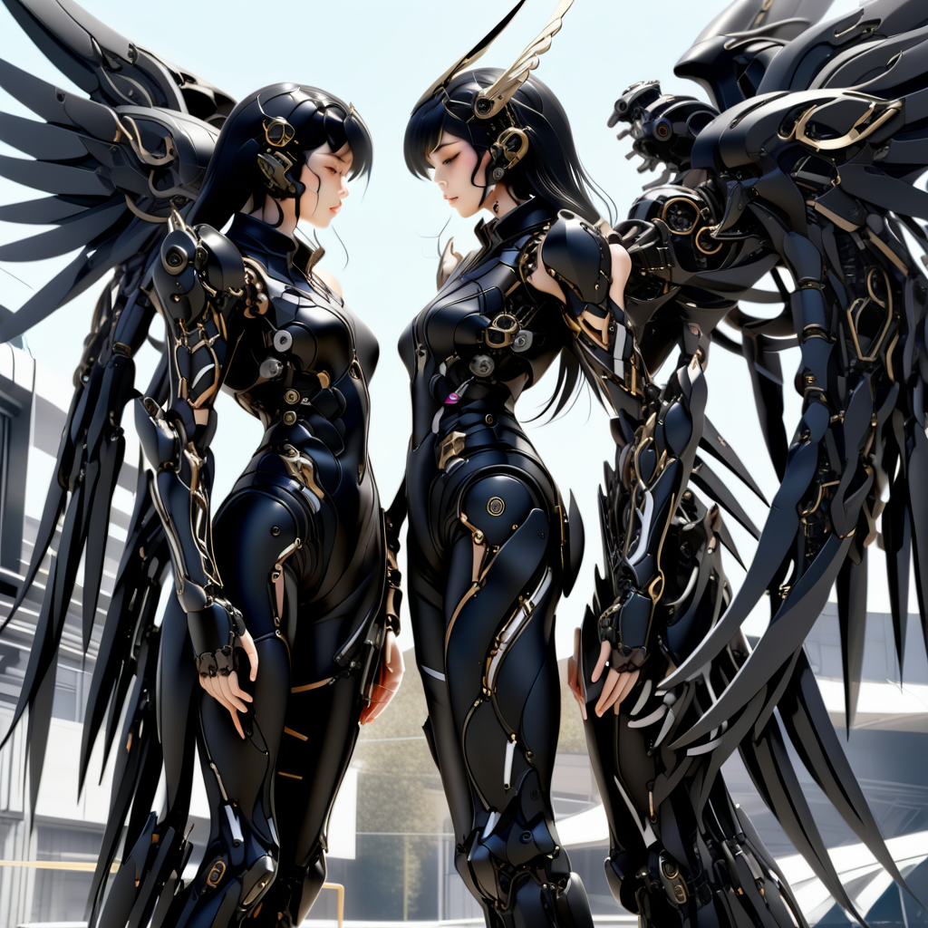 1girl, robot joints, science fiction, bodysuit, from side, black hair, 1boy, outdoors, mechanical wings