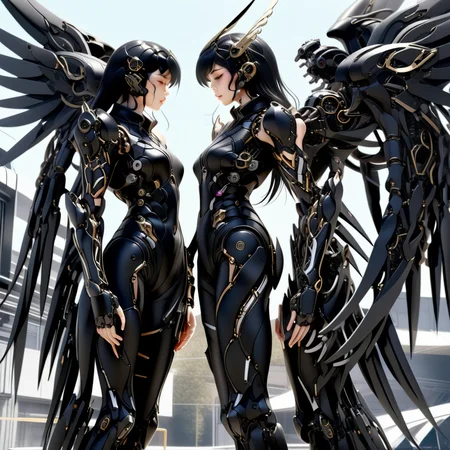 1girl, robot joints, science fiction, bodysuit, from side, black hair, 1boy, outdoors, mechanical wings