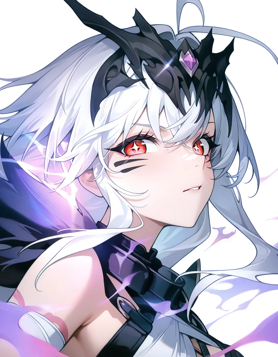 white background,simple background,purple fire,lightning,looking at viewer,from side,bust,<lora:spfaniya_noob:0.9>,spfaniya,1girl,solo,red eyes,white hair,ahoge,antenna hair,bangs,long hair,facial mark,+ +,symbol-shaped pupils,medium breasts,
masterpiece,best quality,very aesthetic,absurdres,