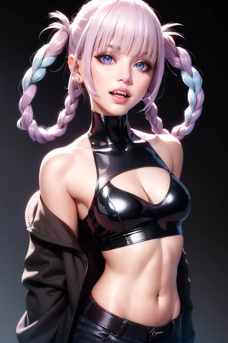 masterpiece, (photorealistic:1.4), best quality, beautiful lighting,

nanakusa nazuna, 1girl, bangs, black background, black jacket, black shirt, black shorts, blue eyes, blunt bangs, breasts, cleavage cutout, clothing cutout, crop top, eyeshadow, fangs, gradient hair, grey hair, hair rings, jacket, light purple hair, looking at viewer, makeup, multicolored hair, navel, open mouth, red eyeshadow, shirt, shorts, sleeveless, sleeveless turtleneck, sleeveless turtleneck crop top, small breasts, solo, stomach, turtleneck, turtleneck crop top, two-tone hair, vampire <lora:nanakusa_nazuna_offset:1>

RAW photo, 8k uhd, film grain