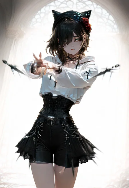 masterpiece, newest, absurdres, best quality, amazing quality, very aesthetic, ultra-detailed, highly detailed, BREAK 1girl, asian, ku-mi, black hair, pointy ears, forearm tattoo, dark brown eyes, small breasts, black hair, choker, medium hair,Gothic style, white hoodie, inverted cross, lace high collar, black corset vest, black fishbone skirt, black shorts, black Mary Jane shoes, cross necklace, black bell-shaped hat, rose brooch, belt, sleeves with black cross pattern, BREAK depth of field, ambient occlusion, (diffuse glow:0.4), cinematic lighting, detailed background, close-up, indoor, interior, room, GF-Illu, dagger_cloud_(magic), solo, floating dagger, magic dagger, dynamic pose, many dagger, magic, glowing, spinning dagger, cowboy shot, glowing eyes:0.2, hair over one eye, motion lines, motion blur, emphasis lines, spinning wind,