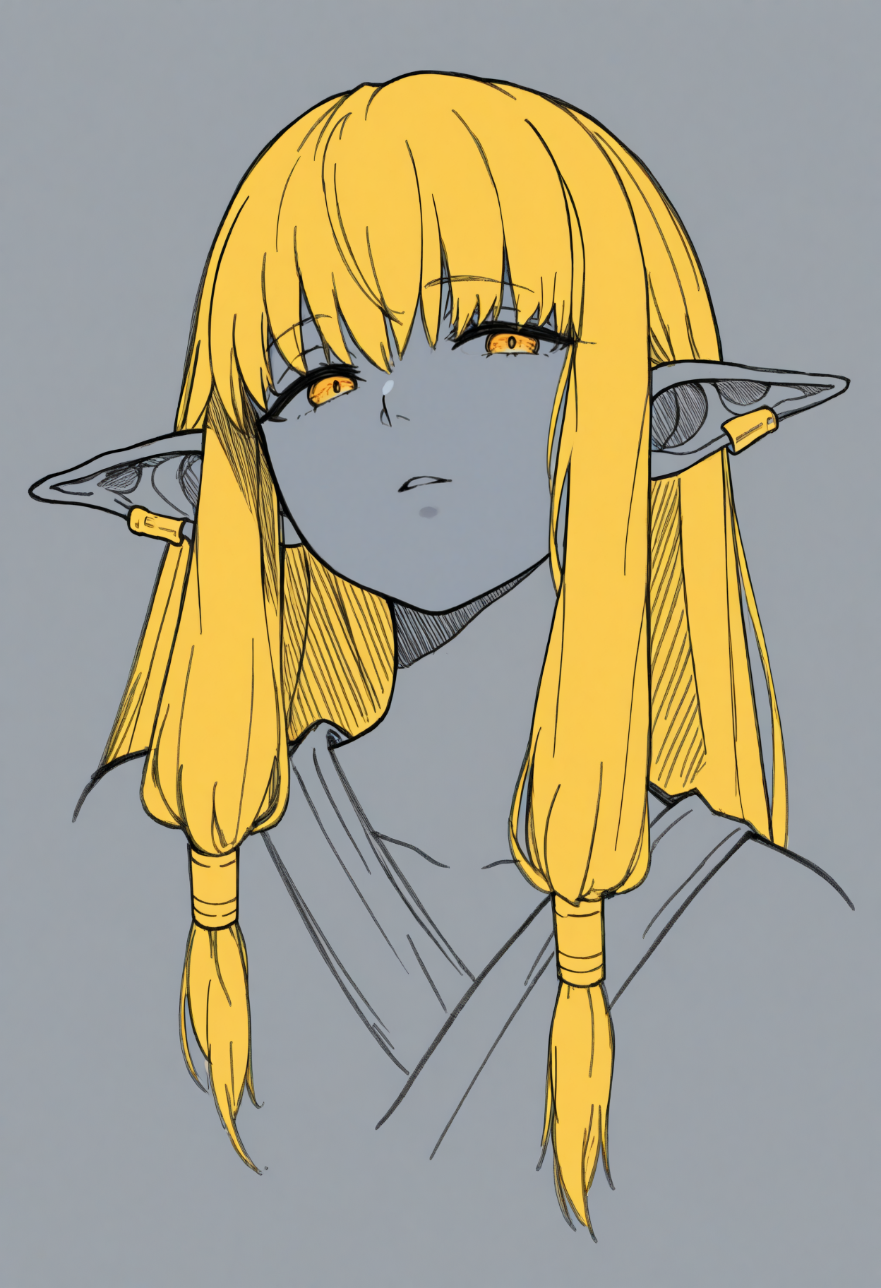 masterpiece, best quality, 1girl, solo, S3ri3, yellow eyes, blonde hair, long hair, hair tubes, ear bar, greyscale, spot color, monochrome, lineart, sketch, graphite \(medium\), traditional media, cropped torso, three quarter view, parted lips, looking at viewer, <lora:ChamSerieNoob:1>