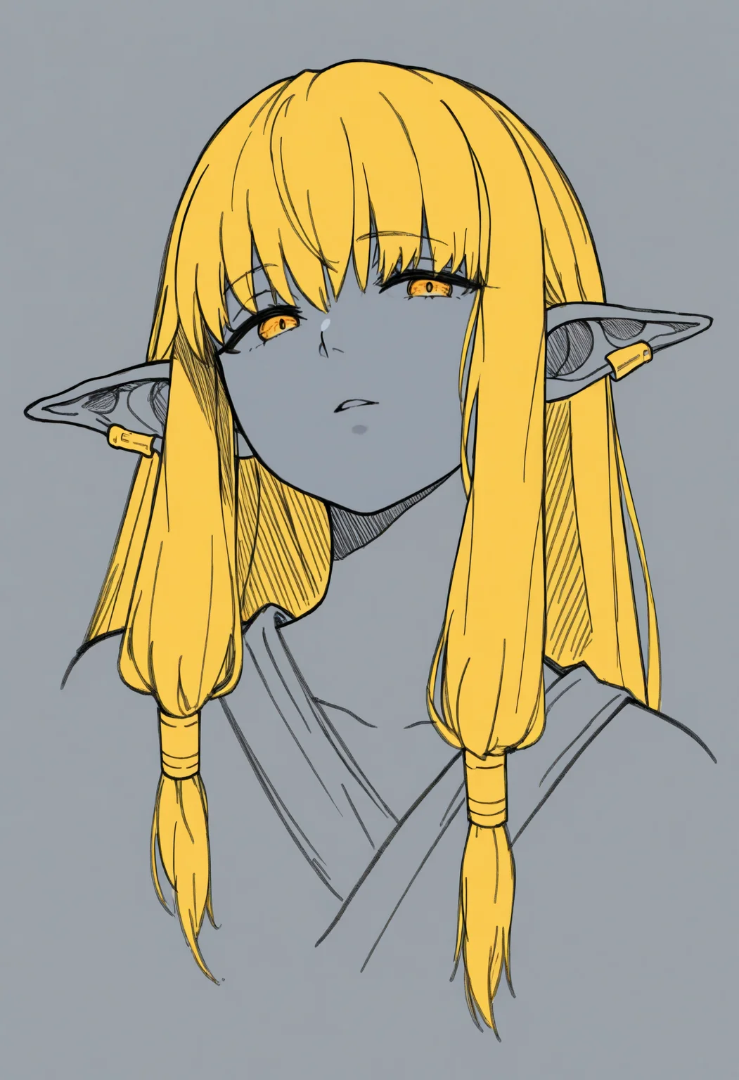 masterpiece, best quality, 1girl, solo, S3ri3, yellow eyes, blonde hair, long hair, hair tubes, ear bar, greyscale, spot color, monochrome, lineart, sketch, graphite \(medium\), traditional media, cropped torso, three quarter view, parted lips, looking at viewer, <lora:ChamSerieNoob:1>
