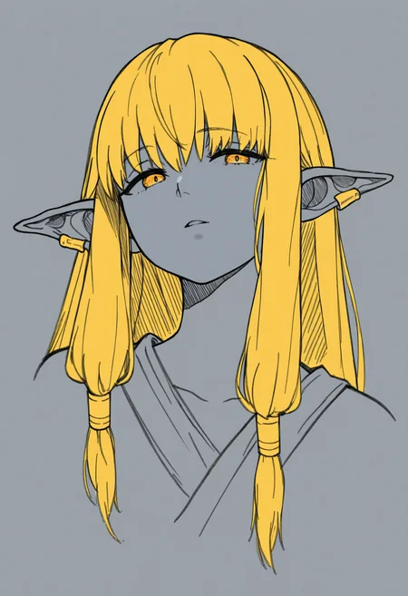 masterpiece, best quality, 1girl, solo, S3ri3, yellow eyes, blonde hair, long hair, hair tubes, ear bar, greyscale, spot color, monochrome, lineart, sketch, graphite \(medium\), traditional media, cropped torso, three quarter view, parted lips, looking at viewer, <lora:ChamSerieNoob:1>
