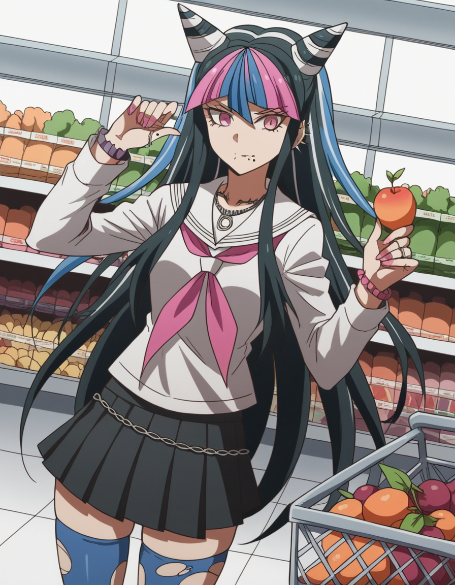 score_9, score_8_up, score_7_up, source_anime, <lora:ibuki-mioda-s2-ponyxl-lora-nochekaiser:1>, ibuki mioda, black hair, blue hair, hair horns, ear piercing, lip piercing, long hair, multicolored hair, pink eyes, pink hair, white hair,, asymmetrical legwear, black skirt, blue thighhighs, jewelry, mismatched legwear, neckerchief, necklace, piercing, pleated skirt, ring, school uniform, serafuku, shirt, skirt, thighhighs, torn clothes, torn thighhighs, zettai ryouiki,, grocery store, shopping cart, picking fruits, everyday life, , , , hand with fingers spread out, solo,, cowboy shot, dutch angle