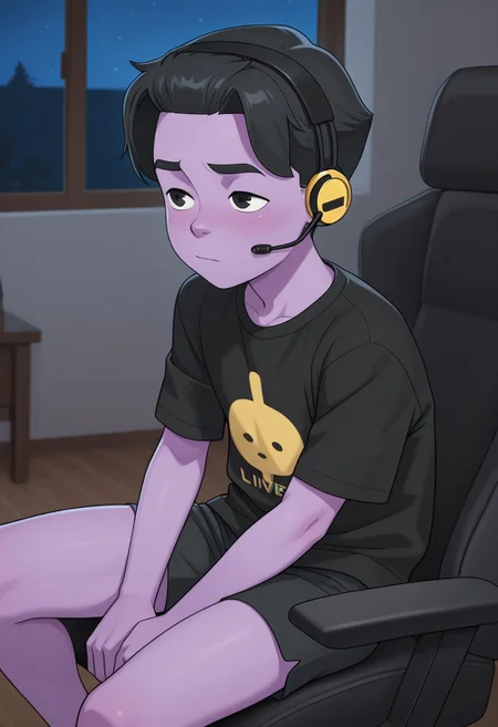 masterpiece, best quality, amazing quality,Oliver, Black Hair, Black Eyes, Purple Skin, Colored Skin,t-shirt,shorts,cute boy,living room, solo, male focus, 1boy,looking away, night,closed mouth,gamer headset,sitting on a gamer chair,toned,