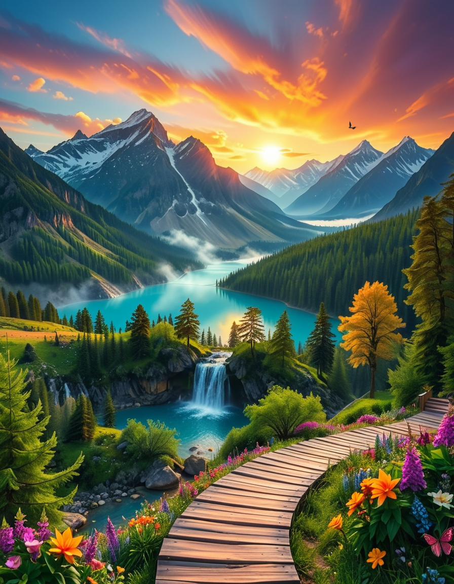 A breathtaking, high-resolution photograph of the most beautiful place on Earth, where natureâs wonders blend in perfect harmony. Towering, snow-capped mountains rise majestically in the background, their peaks glowing under the golden hues of a setting sun. Below, a crystal-clear turquoise lake reflects the colors of the sky, surrounded by lush, green forests filled with ancient trees, vibrant wildflowers, and cascading waterfalls. A soft mist rises from the valley, adding a dreamlike quality to the scene. In the distance, rolling meadows stretch toward the horizon, dotted with colorful flowers and serene wildlifeâgraceful deer grazing, birds soaring in the sky, and butterflies dancing in the breeze. A wooden footpath winds through the landscape, leading to a secluded, tranquil spot where the beauty of nature can be fully admired. The air is crisp and filled with the soothing sounds of rustling leaves, flowing water, and distant birdsong. The sky above is a masterpiece of colorsâdeep oranges, purples, and pinks blending seamlessly as the sun sets, casting a magical glow over this untouched paradise. The atmosphere is peaceful, awe-inspiring, and filled with a deep sense of wonder and tranquility, as if stepping into a perfect dream.
<lora:SDXLFaeTastic2400:0.4> <lora:extremely_detailed:0.4> extremely detailed, <lora:Earth_P4r4d1s3:1>,Earth P4r4d1s3, Masterpiece,best quality,hi res,8k,hi res,8k,award winning,(sharp focus, intricate, highly detailed),