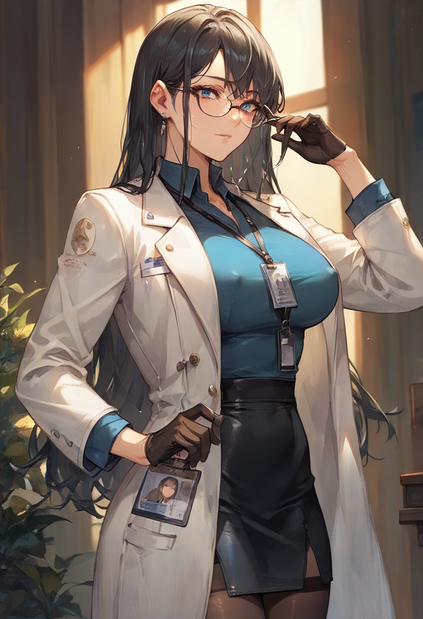 1girl, cowboy shot,  black long hair, side bangs, blue eyes, blue shirt, white lab coat, id card necklace, black gloves, holding glasses, black pencil skirt, black thighband pantyhose,  long eyelashes, (lips:0.75),  covered nipples,  (shiny skin:1.15), (score_9, score_8_up, score_7_up:1.3), 4k, very aesthetic