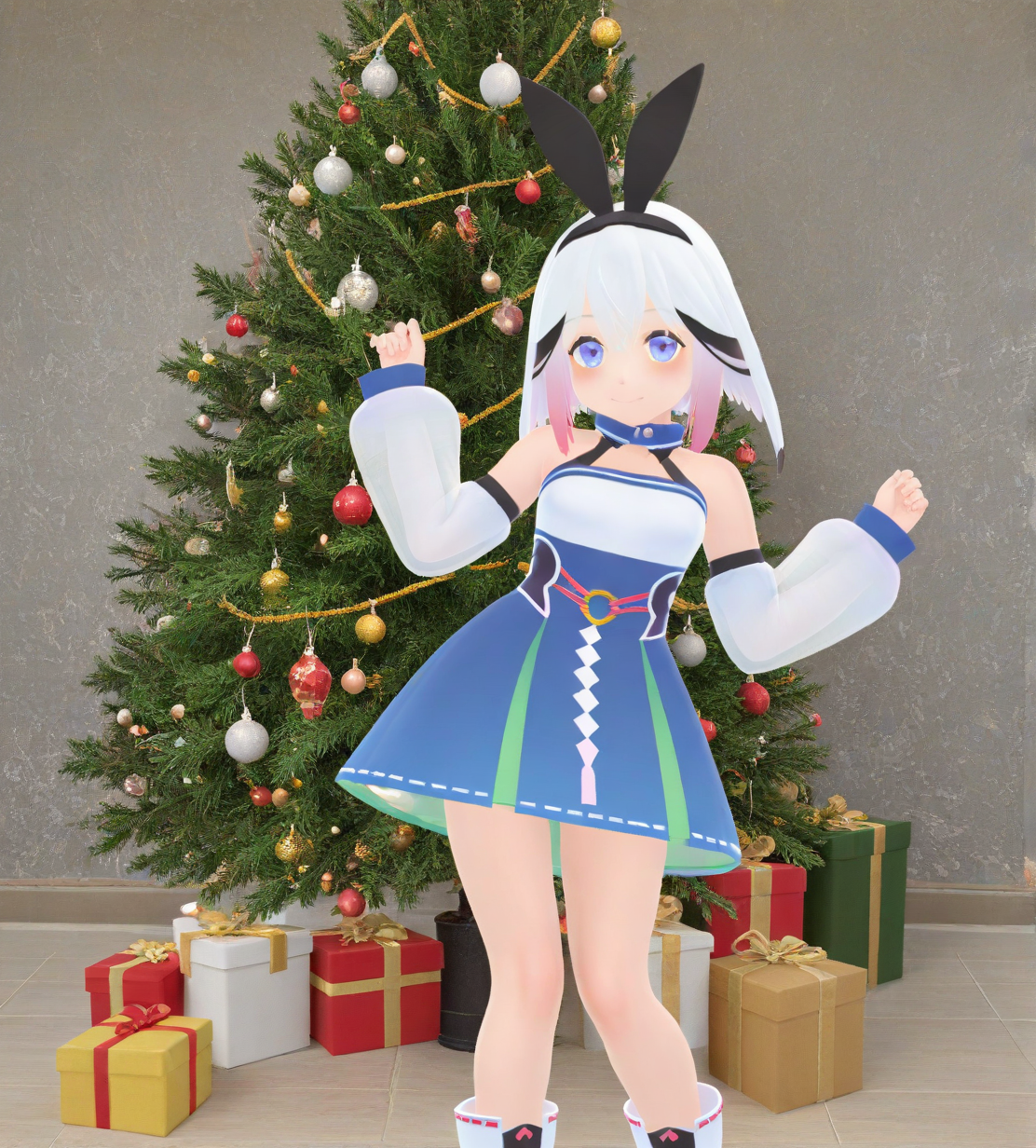 <lora:ãã­ãã·ã´ã£ã¼Puroto_ShivÄ«:1.1>,1girl,
ãã­ãã·ã´ã£ã¼(Puroto ShivÄ«),blue eyes,multicolored hair,white hair,pink sidelocks, short hair,bangs,
bunny ears,hairband,
blue dress,bare shoulders,strapless dress,
detached sleeves.see-through,white sleeves,
white boots,
blue gemstone, blush, bracer,christmas, christmas lights, christmas tree, closed mouth,flower, gem,hands up, heart, heart print, leaning to the side, looking at viewer, merry christmas, pink flower, purple flower, smile, solo,  white flower, 
animated,very awa, masterpiece, best quality, highres, absurdes,amazing quality,very aesthetic,intricate details,scenery,
<lora:hand 5.5:0.8>