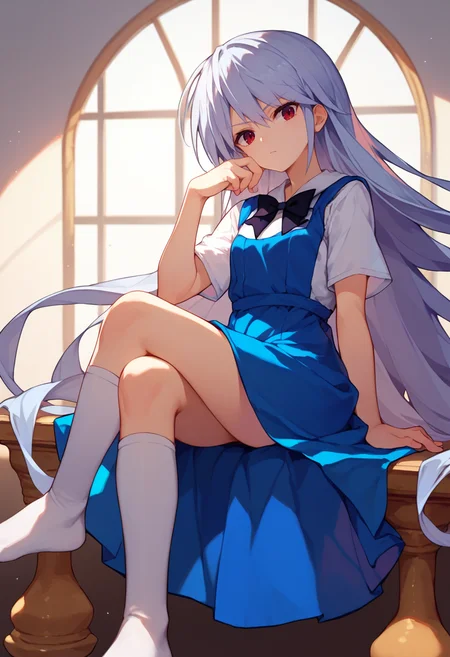 score_9, score_8_up, score_7_up, 1girl, Kazuki, silver hair, long hair, red eyes, white shirt, blue dress, black bow, white knee highs, sitting, crossed legs, <lora:Kazuki Dora V2-000008:1>