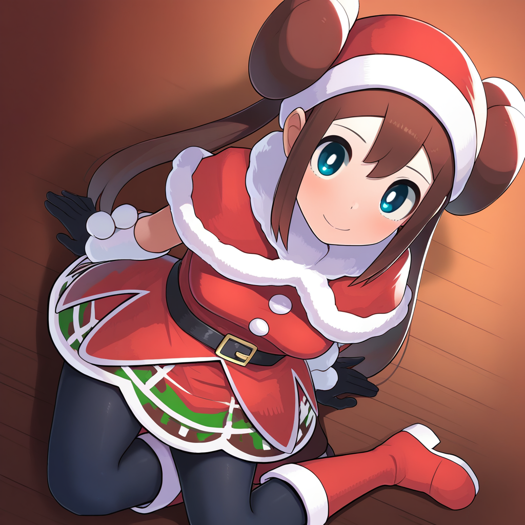 2d, masterpiece, best quality, amazing quality, highres, absurdres, newest, 1girl, solo, sitting, yokozuwari, from above, dutch angle, looking at viewer, wooden floor, medium breasts, rosanta, def colors, rosa \(pokemon\), blue eyes, white pupils, brown hair, long hair, bangs, twintails, double bun, sleeveless dress, red dress, santa costume, santa hat, fur trim, fur-trimmed capelet, red capelet, black belt, black gloves, white elbow gloves, black pantyhose, knee boots