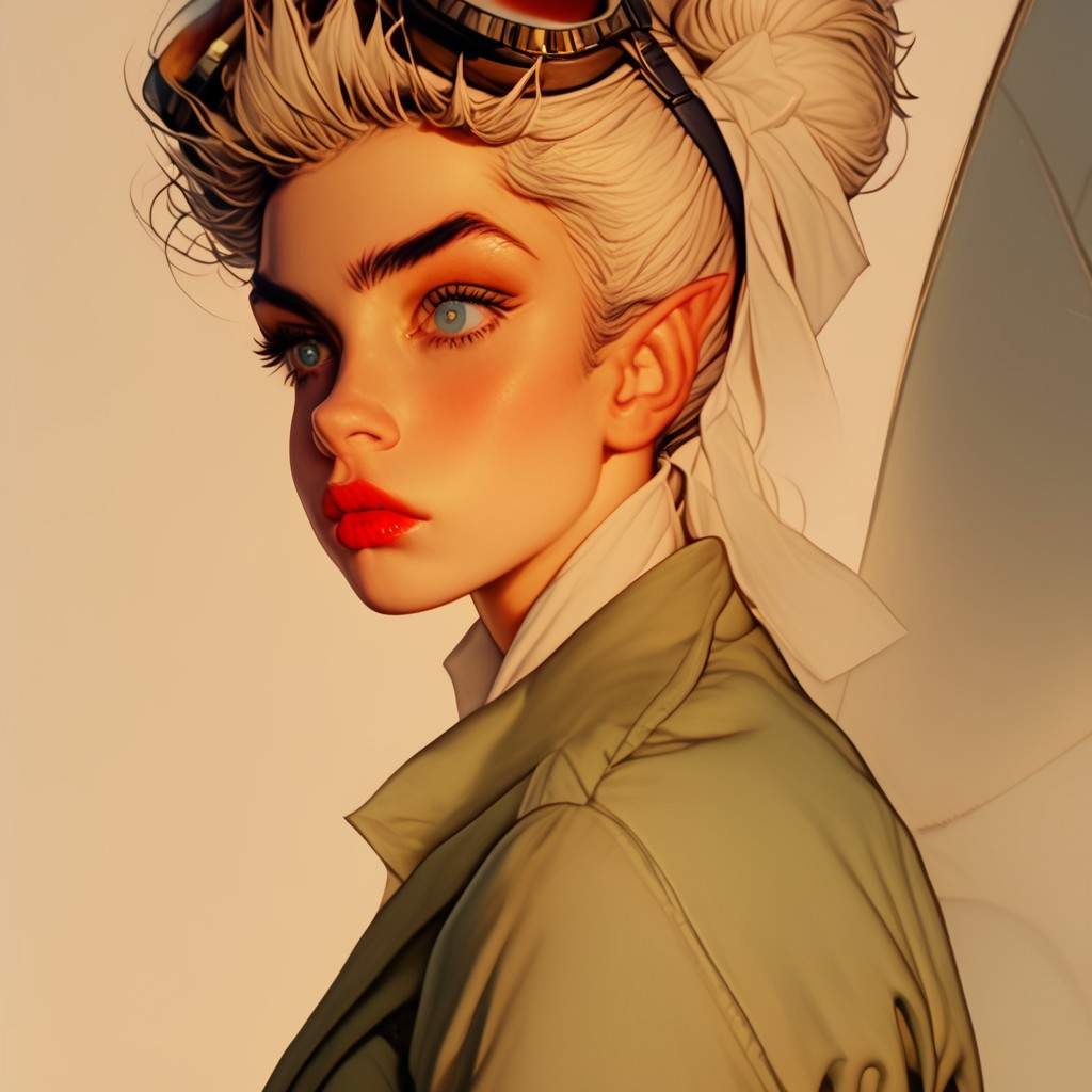 score_9, score_8_up, score_7_up, score_6_up, ArsMJStyle, Colored pencil hyperdetailed realism, 1girl, sideview, Tinkerbell, 1girl, solo, fairy, glowing, blonde hair, single hair bun, pointy ears, makeup, fairy wings, medium breasts, big round eyes, big blue eyes, The image is a portrait of a fairy woman wearing futuristic-looking goggles.  The goggles are green and have a pair of ribbons attached to them. The woman is wearing a green jacket with a white fur collar and a silver scarf tied around her neck. She has a flying skull emblem on her chest. She is also wearing red lipstick and has her hair styled in a bob. The background is a light white color. The overall style of the image is reminiscent of a vintage or retro aviator or pilot's uniform, close up  
Semi-realism