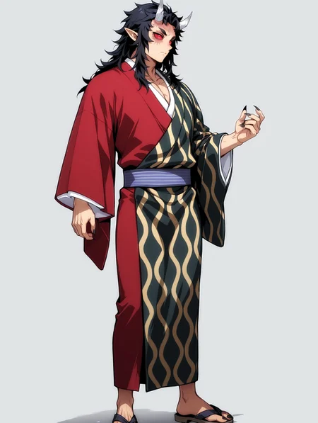 masterpiece, very aesthetic, best quality, amazing quality, fit body, imtdsekidoh, 1boy, male, muscular, long hair, horns, japanese clothes, kimono, black hair, pointy ears, red eyes, colored sclera, demon boy, red sclera, oni horns, long sleeves, scar, wide sleeves, sharp fingernails, sash, black nails, sandals, full body, beautiful background