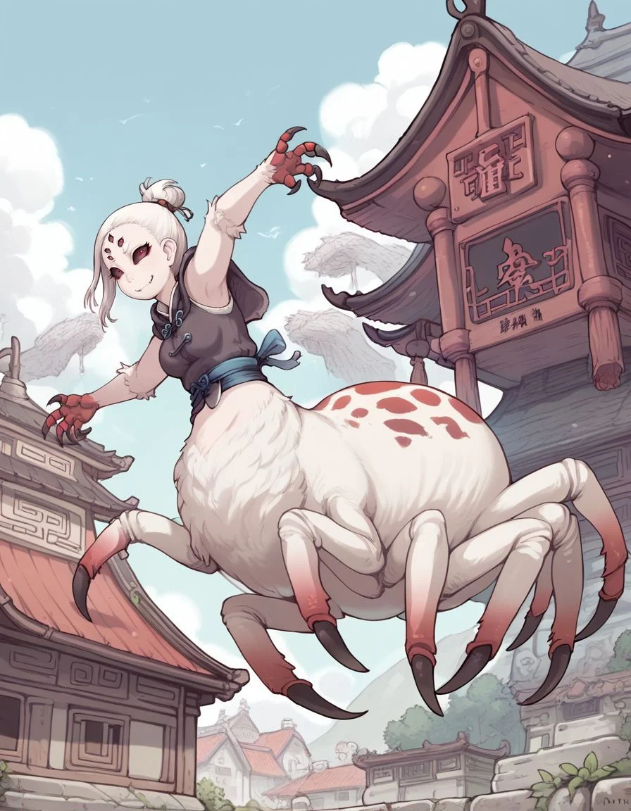 score_9,score_8_up,score_7_up, <lora:Ibukichi_Artist:0.9>, 1girl, solo, monster girl, arachne, extra eyes, taur , pale skin, multicolored skin, extra_limbs, red spots, straight hair, white hair , chinese architecture , outdoors, chinese kingdom, medieval, solo , energetic Pose, jumping, one_hand_raised, smug grin