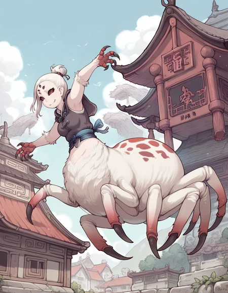 score_9,score_8_up,score_7_up, <lora:Ibukichi_Artist:0.9>, 1girl, solo, monster girl, arachne, extra eyes, taur , pale skin, multicolored skin, extra_limbs, red spots, straight hair, white hair , chinese architecture , outdoors, chinese kingdom, medieval, solo , energetic Pose, jumping, one_hand_raised, smug grin