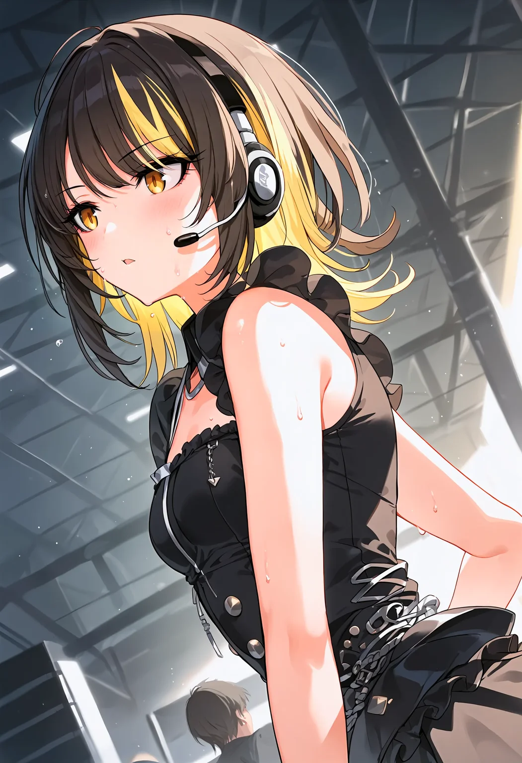 l_ikaruga, score_9, score_8_up, best quality,
1girl, solo, from side, blonde hair, multicolored hair, black hair, yellow eyes, black nails, looking side, bangs, medium hair, two-tone hair, streaked hair, small breasts, blush, expressionless, open mouth, dutch angle,
midnight, darkness, sweat drop, bare arms, multicolored dress, boots, detached sleeves, dress, idol clothes, indoors, posing on stage, puffy detached sleeves, puffy short sleeves, puffy sleeves, short sleeves, solo focus, headset
<lora:l_ikarugaXL_pony:1>
