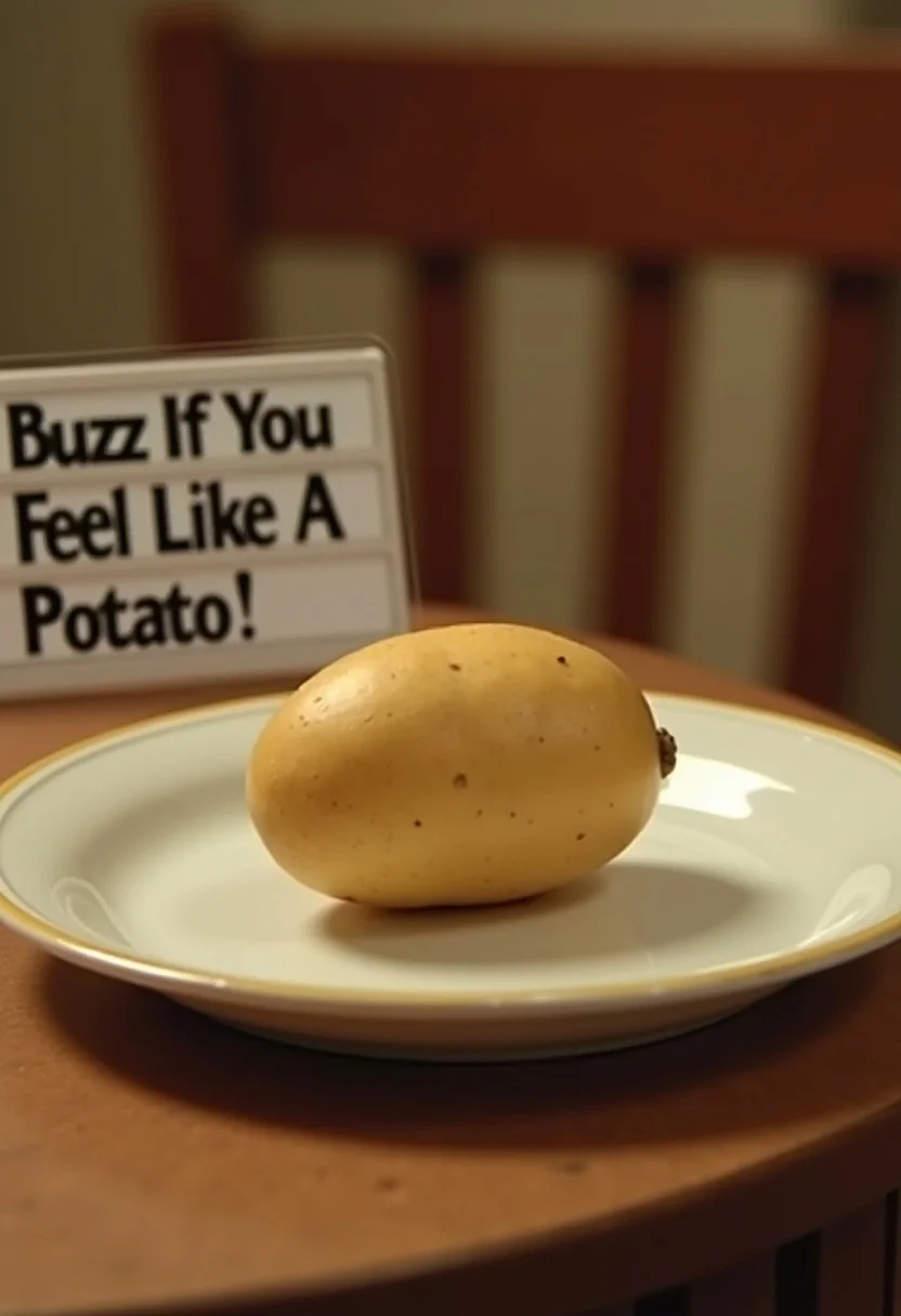 A single potato on a dinner plate on a table, with a sign next to it saying text ''Buzz If You Feel Like A Potato!'' cinematic shot,