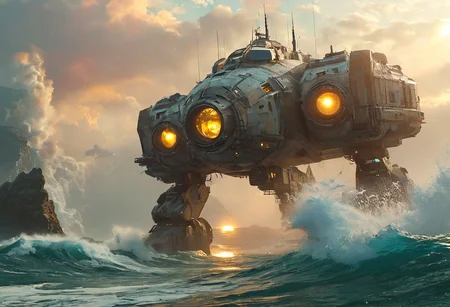 An establishing shot of a futuristic spaceship with focus on an extremely detailed panoramic background view of a vast ocean with towering backlit breaking waves, sea spray, and mist, and megastructures on the horizon. Intriguing stunning mysterious epic sci-fi fantasy scene. Hyperrealistic, mixed media, ultra-detailed, ray-traced, award-winning, light leaks, lens flare, volumetric light scattering, high contrast, implied motion, deep depth of field, colorful, complementary colors, color graded