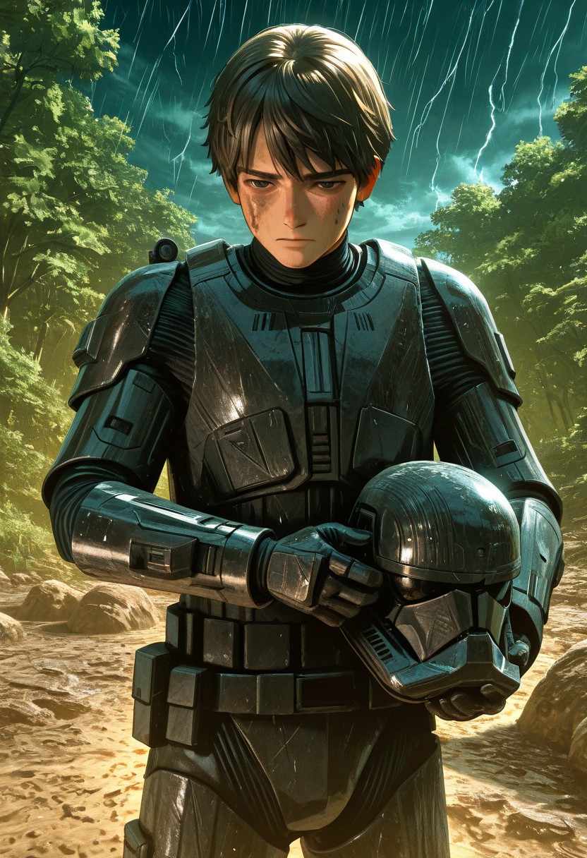 detailed background, cowboy shot, solo, 1boy, SithTrooper, dark black armor, young adult male human, brown hair, smug, Star Wars forest scenery, storm, at night, mud on armor, holding helmet in hand, detailed scenery, masterpiece, best quality, very aesthetic, newest, masterpiece, best quality, amazing quality, very aesthetic, absurdres, newest,, high res, ultra detailed, best quality, best artwork, 4k, ultra quality, perfect face, absurdres,masterpiece,best quality,amazing