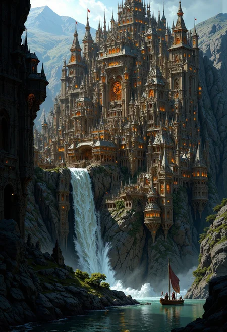 a sprawling, intricate city built into a rocky cliffside, illuminated by warm, glowing lights. The architecture is a blend of medieval and steampunk styles, with wooden structures, metal gears, and pipes. A waterfall cascades down the center, adding a dynamic element to the scene. In the foreground, a small boat with two figures navigates the water, surrounded by jagged rocks. The sky is overcast, with a hint of sunlight breaking through, casting a mystical ambiance. The overall color palette is a mix of earthy tones and cool blues, enhancing the fantastical atmosphere.