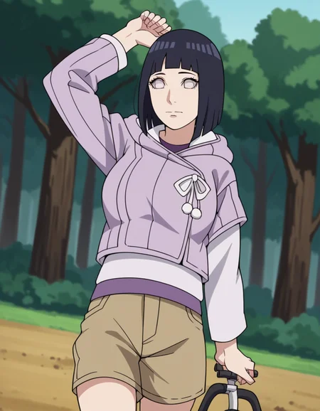 score_9, score_8_up, score_7_up, source_anime, <lora:hinata-hyuuga-boruto-anime-ponyxl-lora-nochekaiser:1>, hinata uzumaki, hyuuga hinata, short hair, bangs, black hair, blunt bangs, white eyes, mature female, large breasts,, long sleeves, shorts, hood, kneehighs, hoodie, hood down, brown shorts,, bike ride, countryside, dirt road, trees, afternoon sun, peaceful, alone, , , arm raised above head, solo,, cowboy shot, dutch angle