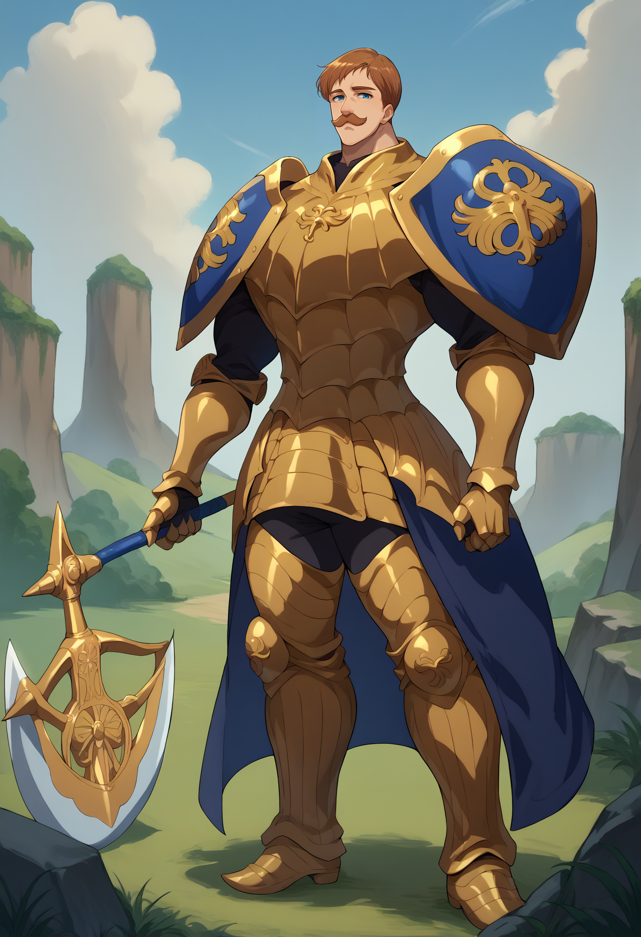 score_9, score_8_up, score_7_up, source_anime, 1boy, solo, Escanor, muscular, short hair, brown hair, mustache, blue eyes, gold armor, blue shoulder armor, gauntlets, armored boots, axe, holding axe, outdoors, <lora:ChamEscanorPonyXL:1>, <lora:UBW_XLPD:1>