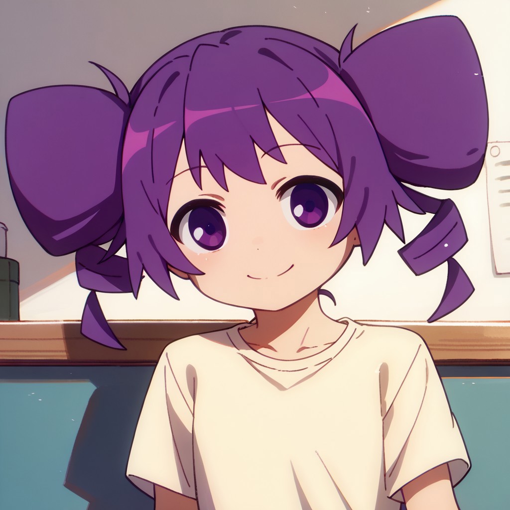 score_9, score_8_up, score_7_up BREAK Otachan, 1girl, purple hair, hair drills, purple eyes, short-sleeved light yellow shirt, gray shorts, barefoot, smiling at viewer,