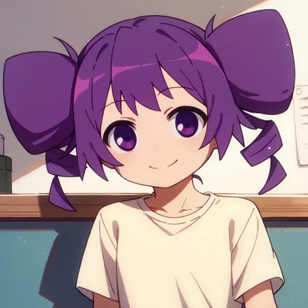 score_9, score_8_up, score_7_up BREAK Otachan, 1girl, purple hair, hair drills, purple eyes, short-sleeved light yellow shirt, gray shorts, barefoot, smiling at viewer,