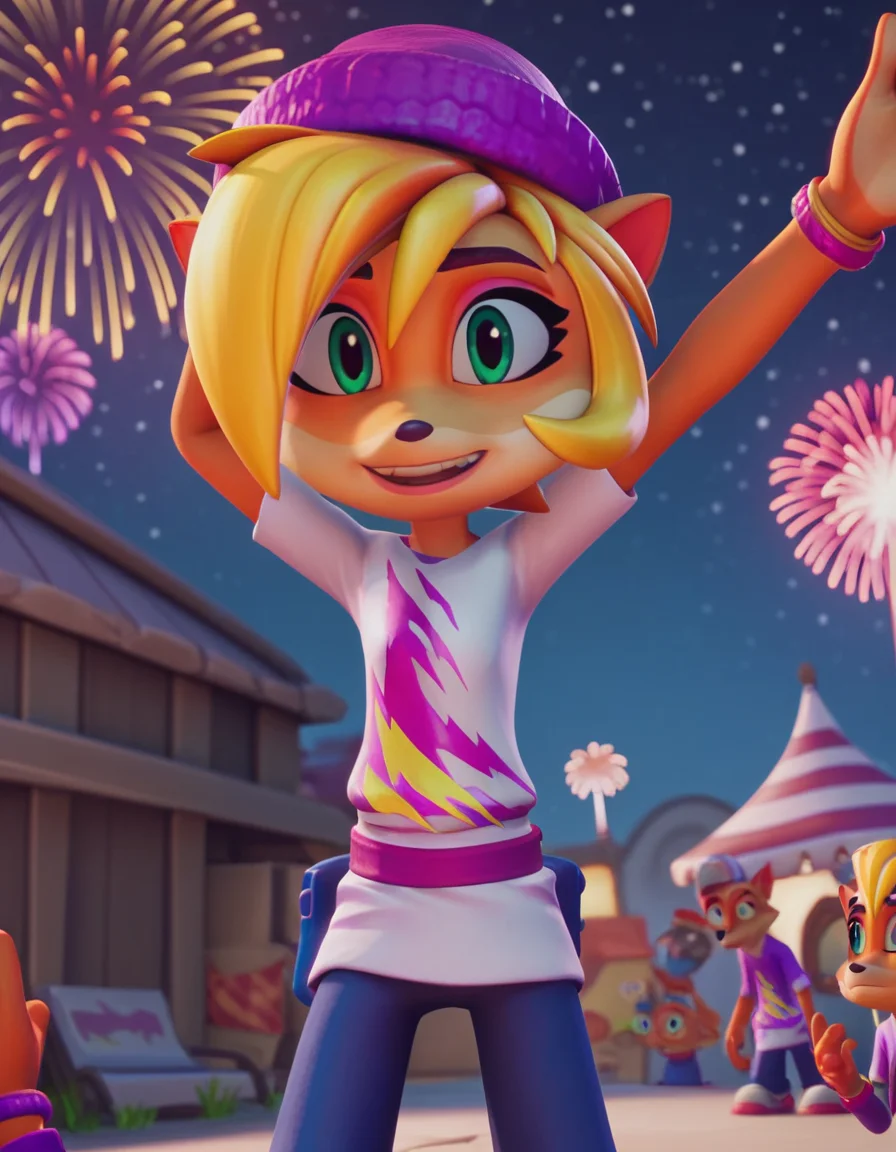 score_9, score_8_up, score_7_up, source_anime, <lora:coco-bandicoot-totally-tubular-ingame4-ponyxl-lora-nochekaiser:1>, coco bandicoot, short hair, blonde hair, green eyes, pointy ears, furry, 3d, shirt, hat, torn clothes, striped shirt, pants, festival, fireworks, summer night, food stall, traditional, arms up,, , , on back, arm support, arms up, incoming hug, pov, reaching, reaching towards viewer,, solo,, cowboy shot, dutch angle,