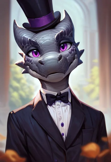 (((beautiful, high quality))), upper Body, score_9, score_8_up, score_7_up,
Kobold, furry dragon, tail, short stature, 1boy, male focus, grey scales, purple eyes, top hat and suit,
looking at the viewer, posing,
blurred background,