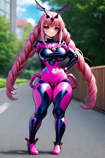 1girl, solo, Bad_End_Precure, Bad_End_Happy, muscular female, thick thighs, pink hair, pink eyes, latex, frilly bodysuit, standing, fighting, fly, magic, masterpiece, cure_happy, red gems
