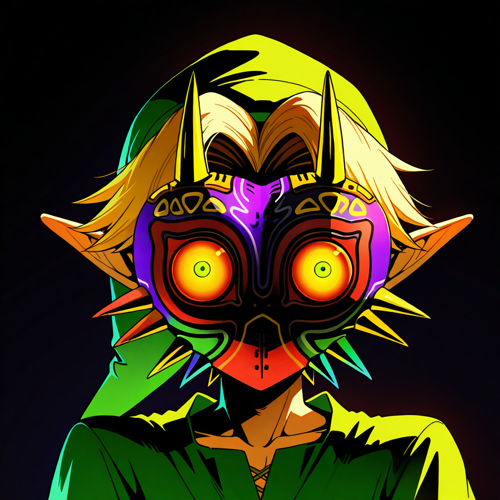 masterpiece, best quality,    link, majora (entity), nintendo, the legend of zelda, the legend of zelda: majora's mask, highres, 1boy, black background, blonde hair, blue eyes, facing viewer, hat, male focus, mask, pointy ears, portrait, red eyes, solo   ,<lora:MajoraZeldaIXL_v2:1.0>,