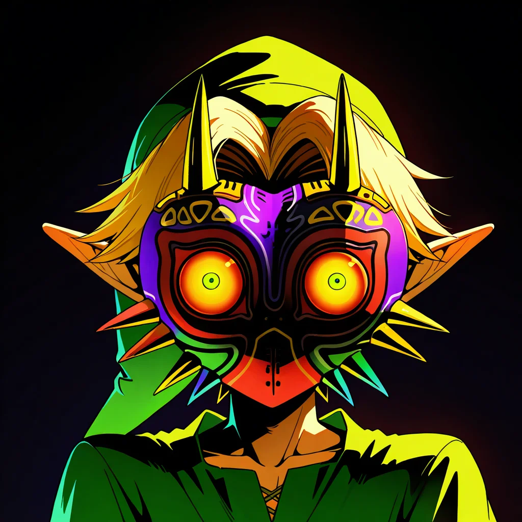 masterpiece, best quality, link, majora (entity), nintendo, the legend of zelda, the legend of zelda: majora's mask, highres, 1boy, black background, blonde hair, blue eyes, facing viewer, hat, male focus, mask, pointy ears, portrait, red eyes, solo ,<lora:MajoraZeldaIXL_v2:1.0>,