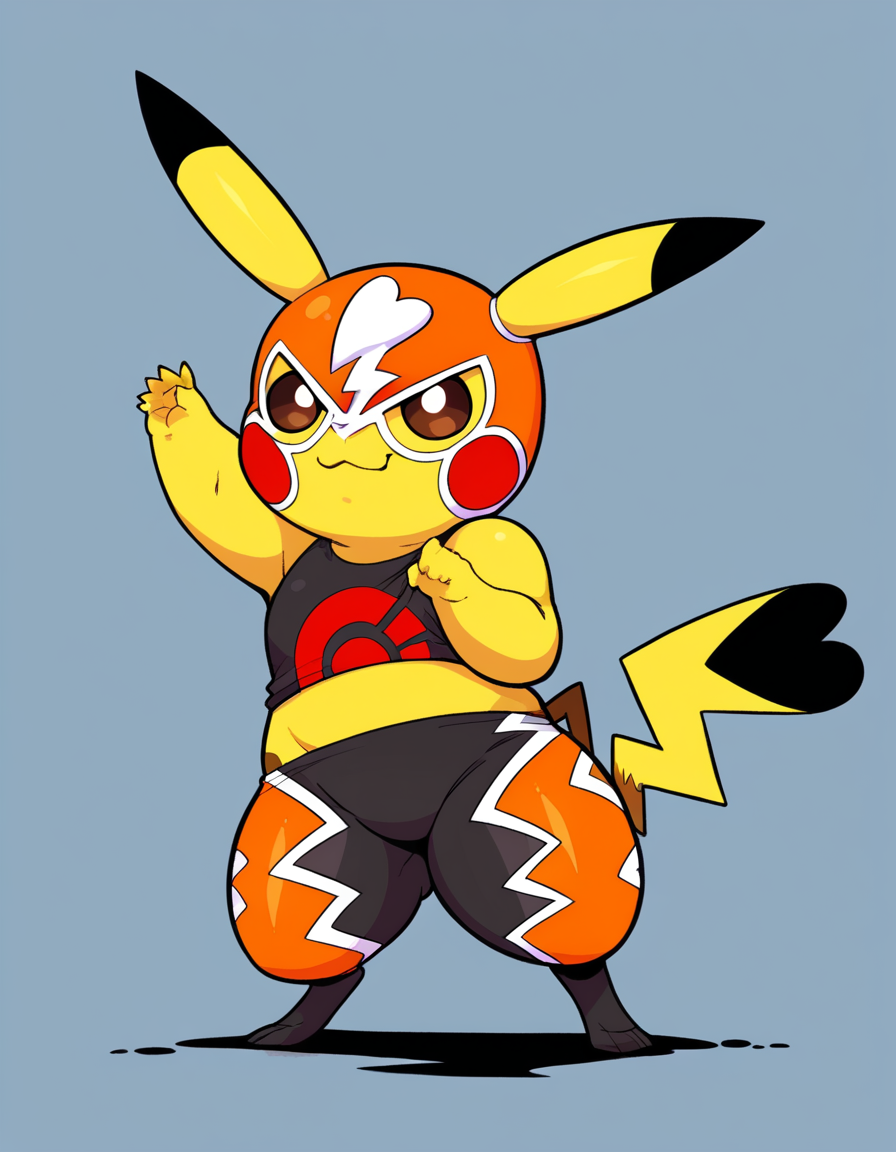zPDXL, score_9, score_8_up, score_7_up, score_6_up, score_5_up, source_anime, 4k, absurdres, 1girl, solo, 
<lora:Cosplaychu_v1-1-20:0.8>, cosplay pikachu, pokemon \(creature\), pikachu ears, pikachu tail, feral, eyelashes, shortstack, flat chest,
librechu, wrestling outfit, mask, tank top, pantyhose, black tank top, black pantyhose, orange pantyhose, two-tone pantyhose, orange mask