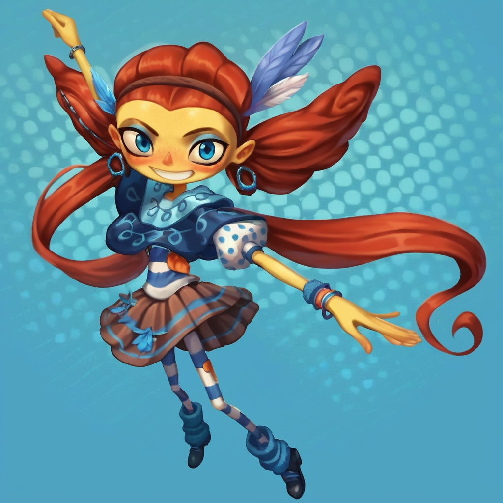 score_9, score_8_up, score_7_up, score_6_up, frazie aquato, 1girl, solo, colored skin, yellow skin,blue eyes, eyeliner, hairband, dark red hair, twintails, single hair braid, long braid,feather accessory, earring, bracelets, blue poncho, swirl pattern, striped shirt, blue and white shirt, dotted sleeves, arm warmer, bracelets, brown skirt, striped skirt, pantyhose, striped pantyhose, blue and white pantyhose, leg warmers, black footwear,  looking at viewer, detailed background, (young woman), (adult), (young adult),  acrobatic pose, flexible, blush, smile, teeth, h3l3n <lora:Frazie_Aquato_Psychonauts_2_-_PonyXL:0.7> <lora:d3p1x3lXLP:0.8>