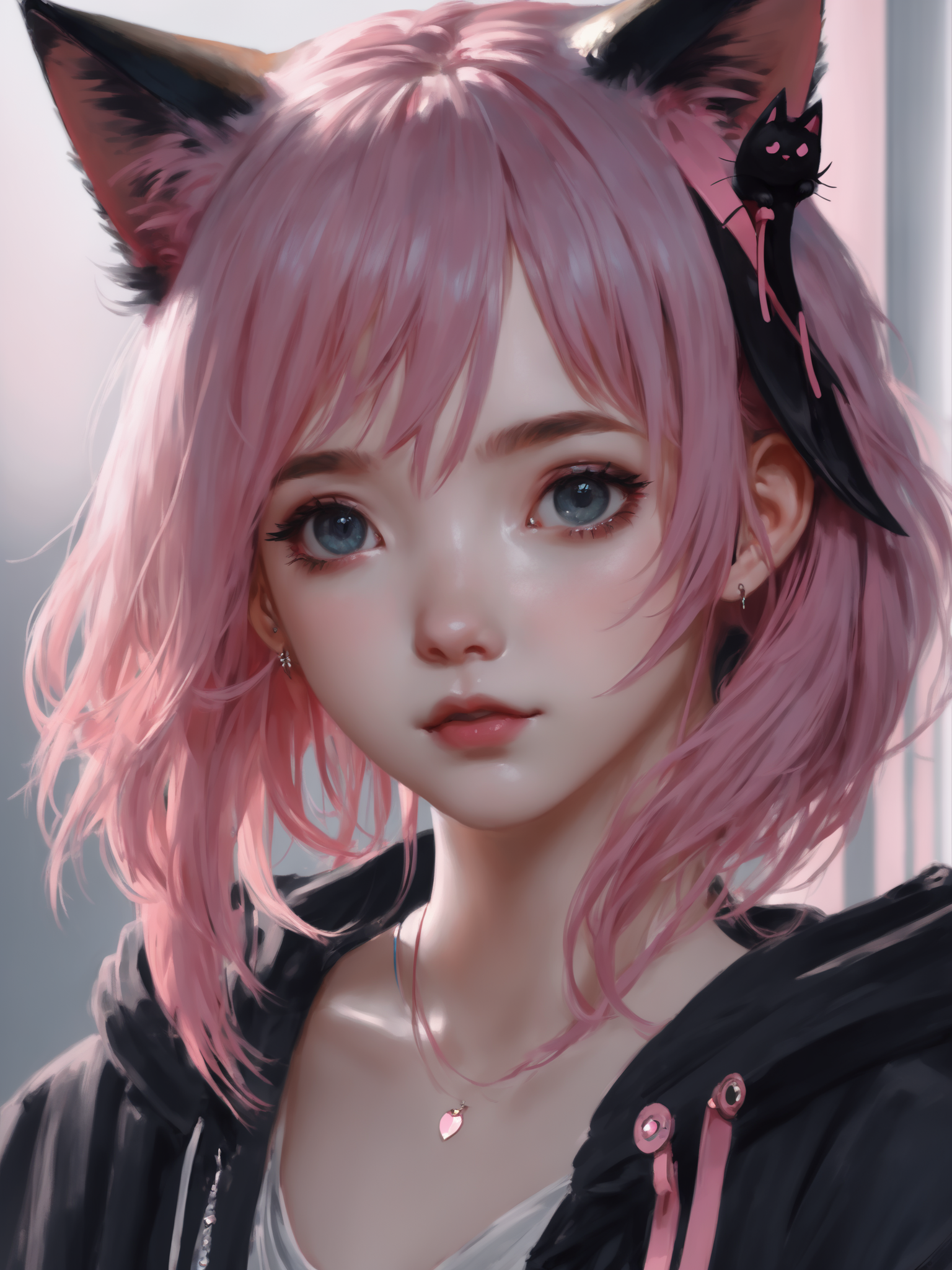 masterpiece, best quality, (1girl), WLOP, beautiful detailed eyes, looking at viewer, upper body, pink hair, shy, cat ears, very detailed, high resolution, sharp, sharp image, 4k, 8k,