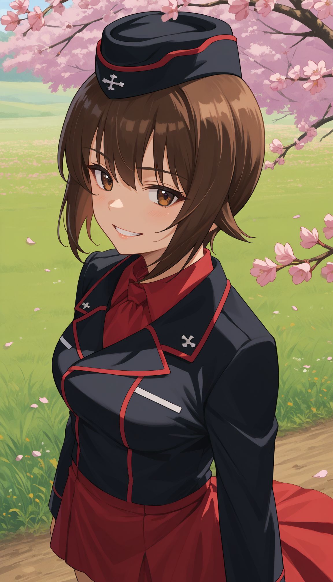 score_9, score_8_up, score_7_up, source_anime, ,outdoors,cherry blossoms,standing,cowboy shot,smile, flower field, grin, from above
 <lora:GUPMaho:1>  BBMiho, 1girl, nishizumi maho, brown eyes, short hair, brown hair, kuromorimine military uniform, , military hat, , red shirt, black headwear, black jacket, long sleeves, garrison cap, dress shirt, insignia, wing collar, red skirt,