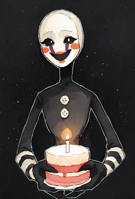 score_9, score_8_up, score_7_up,  looking at viewer, smiling,  <lora:puppet-10:1> puppet, solo, 1girl, white mask, black bodysuit, smile, open mouth, blush stickers, striped, purple tears,  <lora:Organic_Sauce:1> ((watercolor)), solo ,  black sclera, eye sockets, empty black eyes, no pupils, white head, long limbs,  black background, holding cake, candles, sad scene,