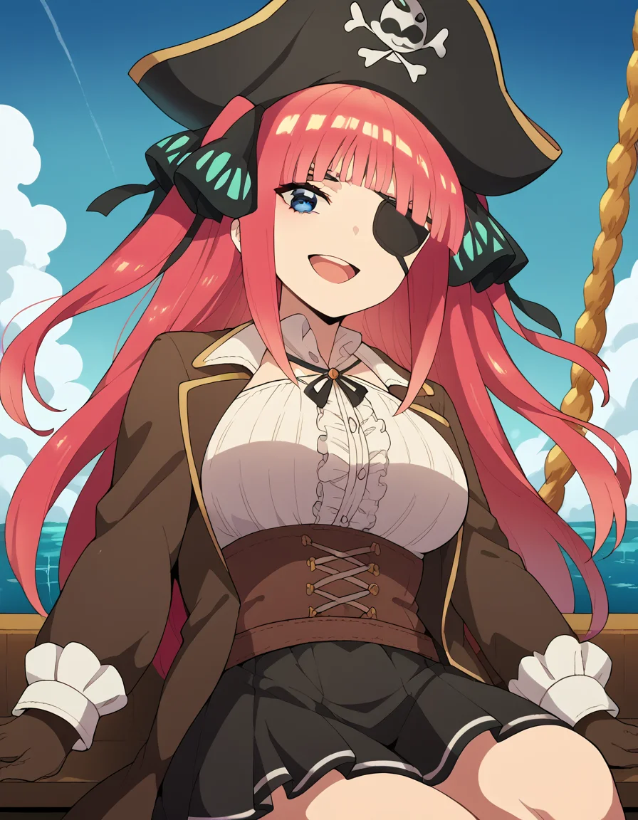 score_9, score_8_up, score_7_up, source_anime, <lora:nnakano-s2-ponyxl-lora-nochekaiser:1>, long hair, bangs, blue eyes, hair ornament, hair ribbon, pink hair, blunt bangs, two side up, butterfly hair ornament, large breasts,, <lora:pirate-costume-ponyxl-lora-nochekaiser:1>, pirate costume, pirate hat, skirt, gloves, jacket, shirt, eyepatch,, blue sky, sea, ocean, pirate ship, treasure, gold, smug, open mouth, from below, sitting,, cowboy shot