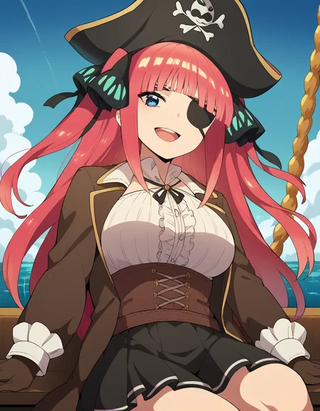 score_9, score_8_up, score_7_up, source_anime, <lora:nnakano-s2-ponyxl-lora-nochekaiser:1>, long hair, bangs, blue eyes, hair ornament, hair ribbon, pink hair, blunt bangs, two side up, butterfly hair ornament, large breasts,, <lora:pirate-costume-ponyxl-lora-nochekaiser:1>, pirate costume, pirate hat, skirt, gloves, jacket, shirt, eyepatch,, blue sky, sea, ocean, pirate ship, treasure, gold, smug, open mouth, from below, sitting,, cowboy shot